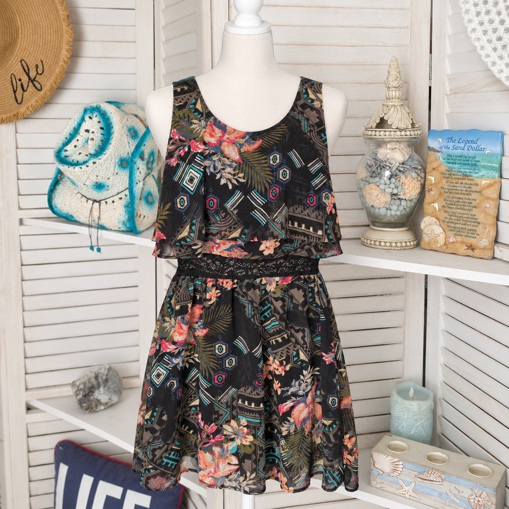 American Rag XS Black Floral Tribal Tiered Ruffle Lace Waist Mini Sun Dress